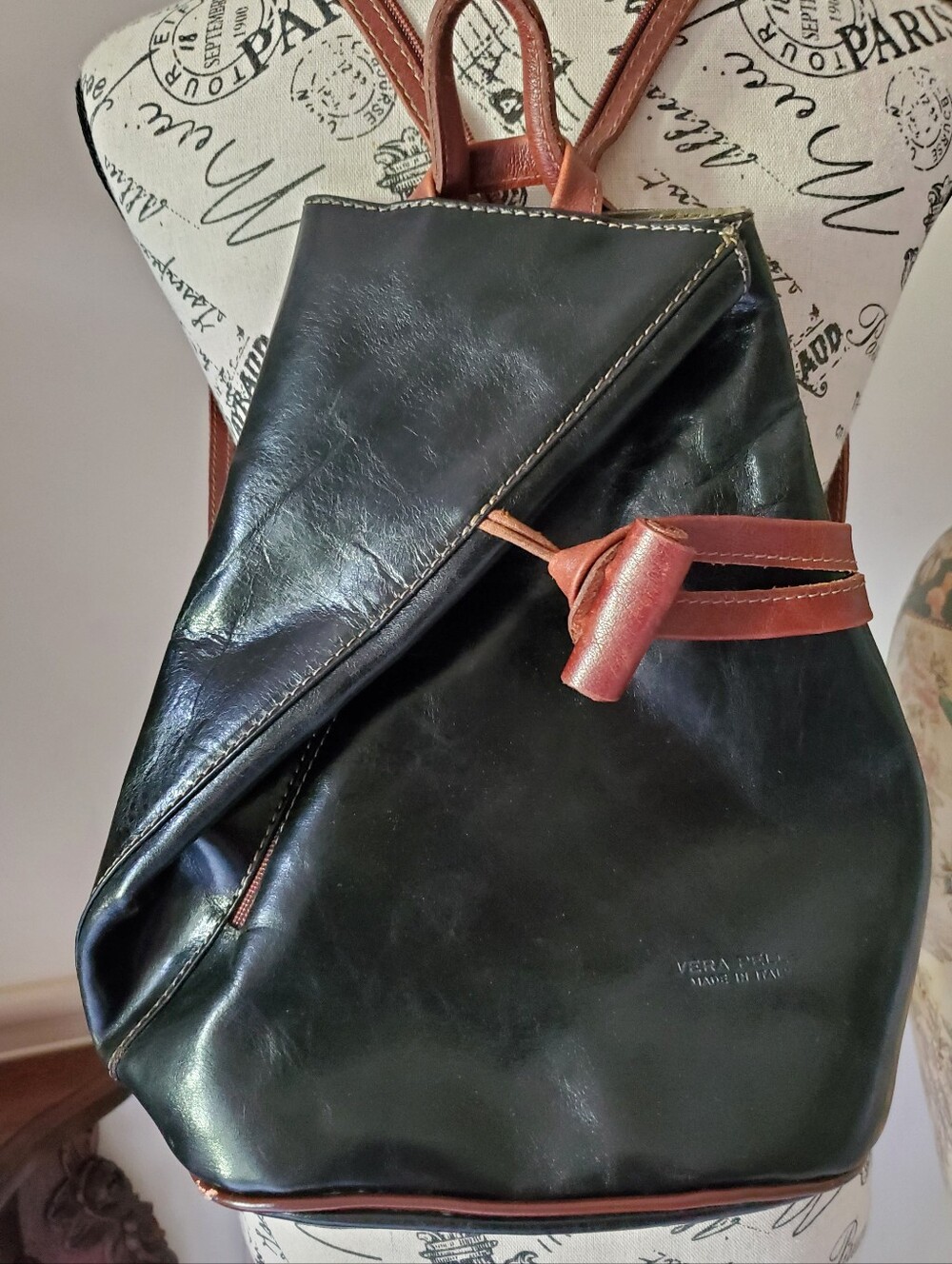 Italian Leather Backpack Purse Fiorella Black Tan Asymmetrical Made In Italy
